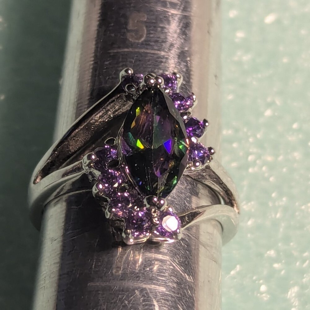 Mystic Topaz Marquise Ring with Purple Accent Stones.  Size 6